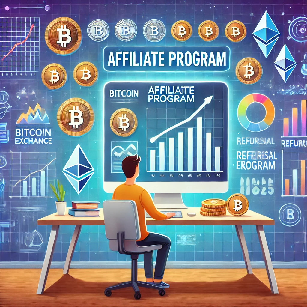 What Are Crypto Exchange Affiliate Programs? A Beginner’s Guide to Earning in 2025 11 DALL·E 2025 05 27 09.24.47 A digital illustration showing a beginner learning about crypto exchange affiliate programs in 2025. The scene includes a modern computer screen displ