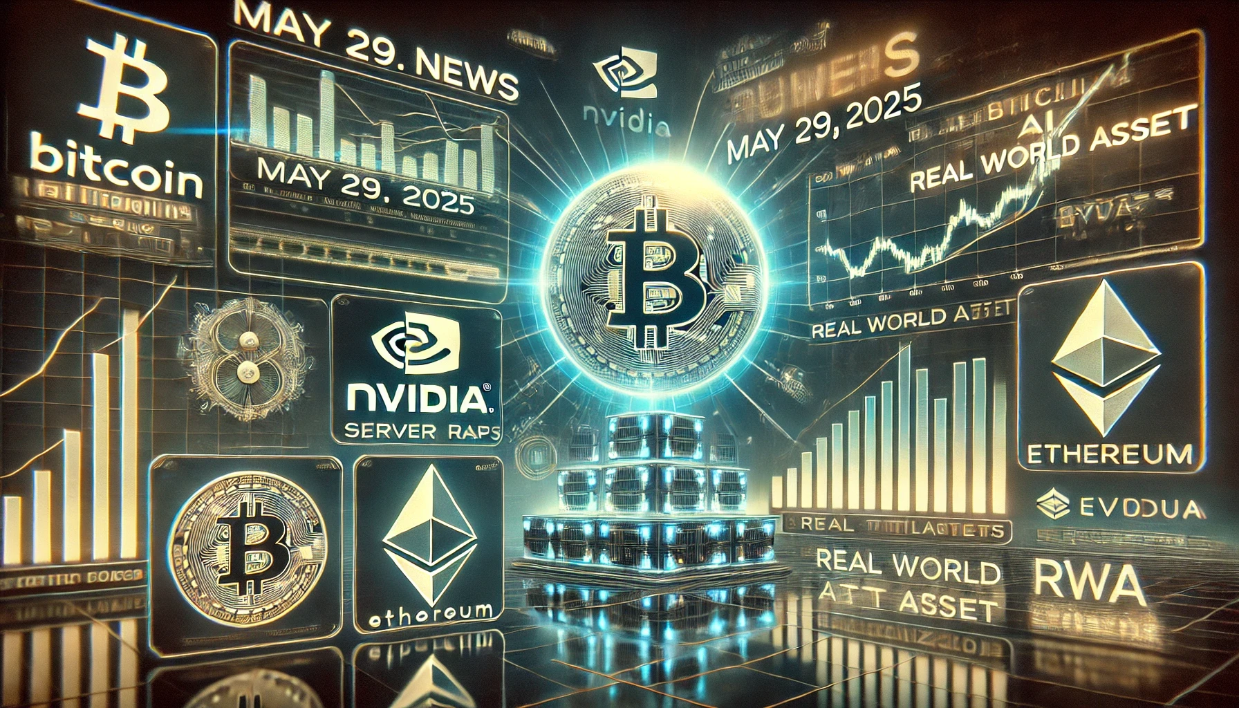 DALL·E 2025 05 29 18.55.40 A futuristic digital news collage showing major cryptocurrency news for May 29 2025. In the center a glowing Bitcoin symbol rises above 108000 su