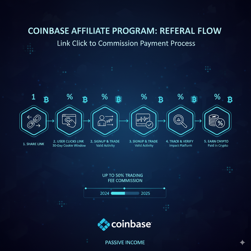 How to Join the Coinbase Affiliate Program: A Guide for Beginners 2 Coinbase Affiliate Referral Process Flowchart - From Link Click to Commission Payment with 30-Day Attribution Window
