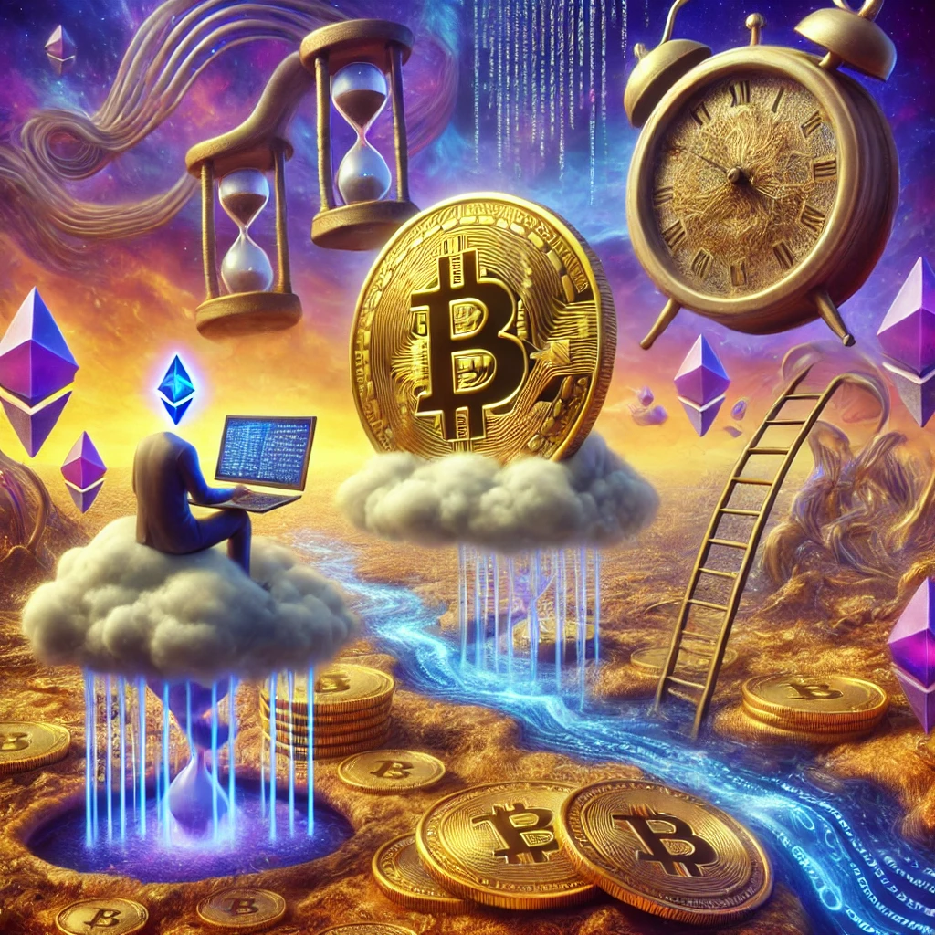 DALL·E 2025 06 06 09.59.44 A surrealist depiction of Crypto Affiliate Programs 2025. In this surreal artwork digital coins like Bitcoin and Ethereum float in a dreamlike sky