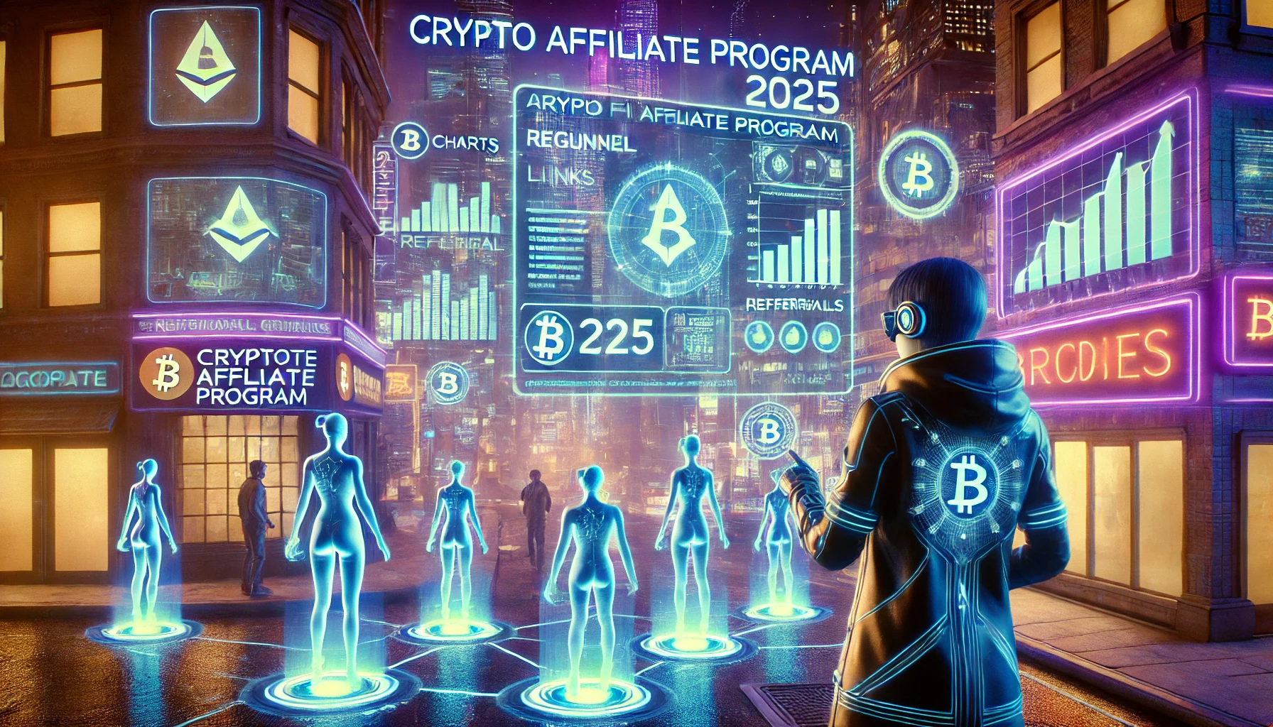 DALL·E 2025 06 07 10.42.00 A futuristic cyberpunk style scene illustrating the concept of a Crypto Affiliate Program in 2025. The setting is a neon lit digital city with hologra