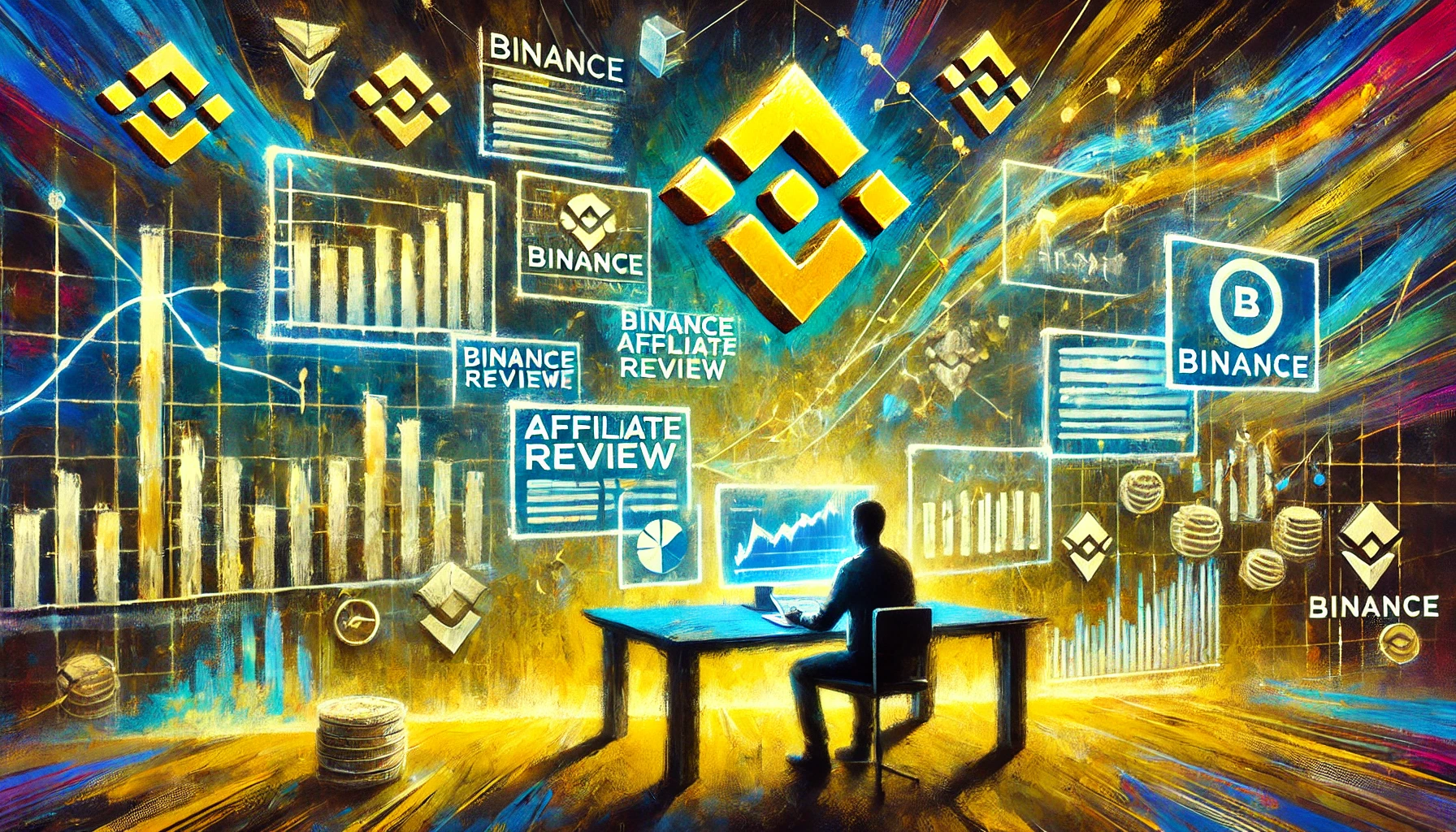 DALL·E 2025 06 07 11.20.43 An acrylic painting style illustration titled Binance Affiliate Review 2025 The Complete Guide to Maximizing Your Crypto Commissions. The scene sho