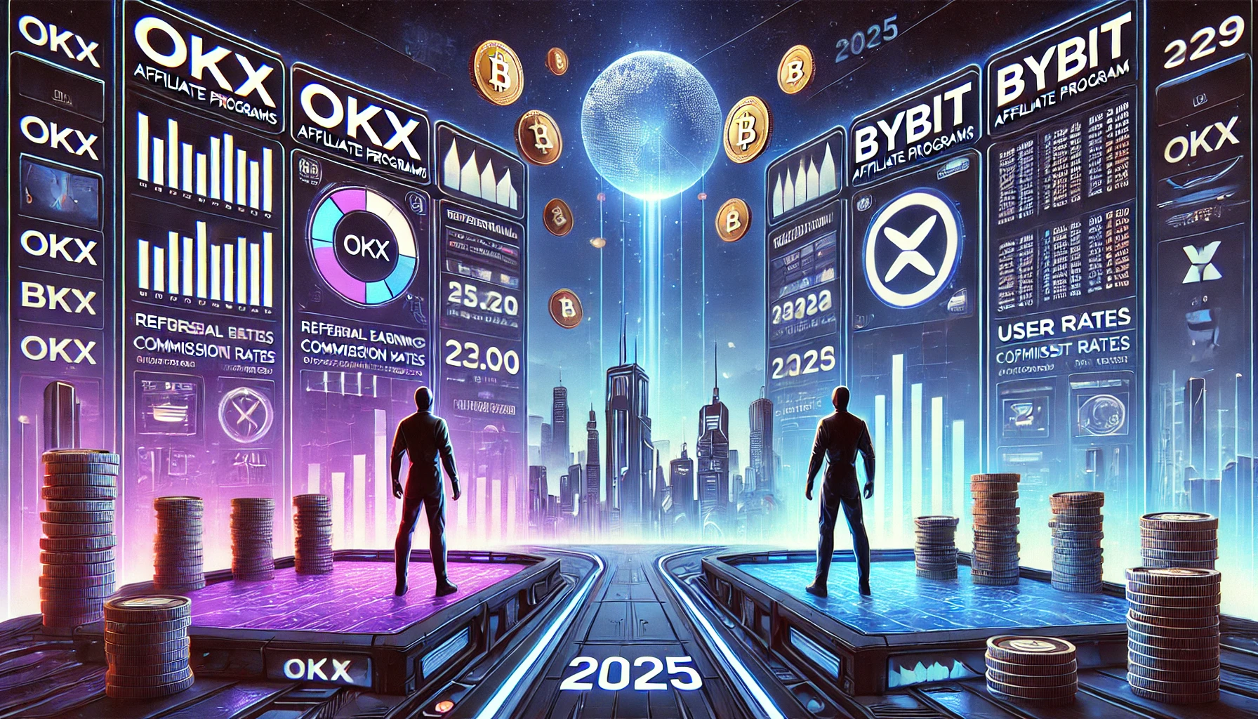 DALL·E 2025 06 08 10.09.58 A wide format digital illustration in a futuristic style showing a side by side comparison of OKX and Bybit affiliate programs in 2025. Two figures st