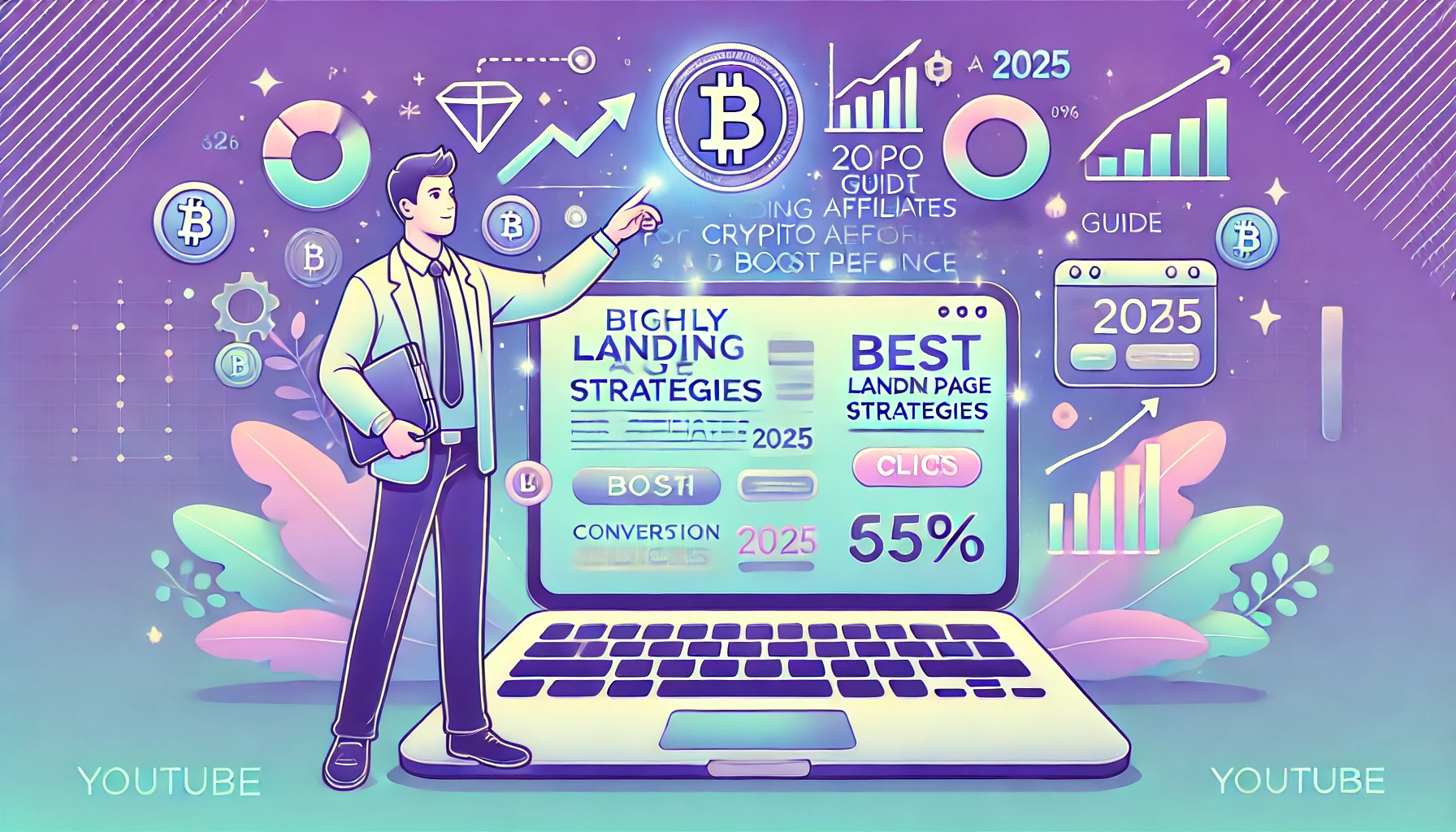 DALL·E 2025 06 09 18.25.44 A highly clickable YouTube thumbnail in pastel color tones with the title Best Landing Page Strategies for Crypto Affiliates A 2025 Guide to Boost P