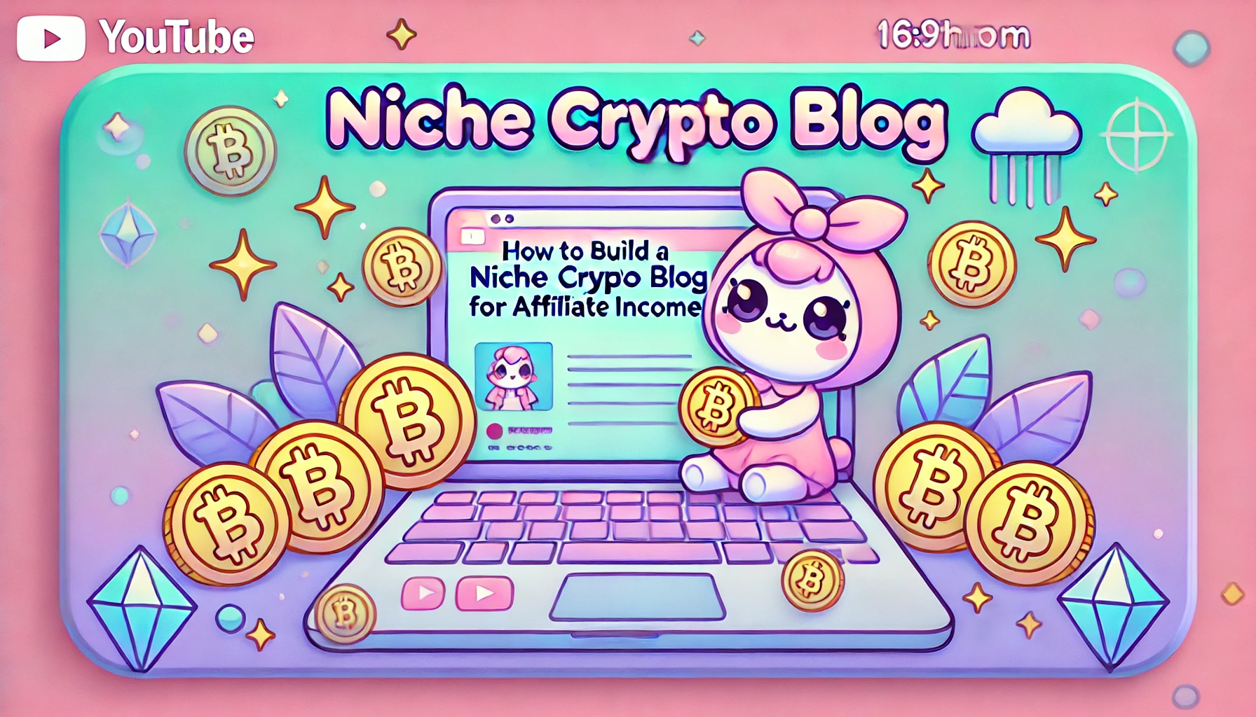 DALL·E 2025 06 10 14.21.10 A YouTube thumbnail in kawaii style with a pastel color theme for the topic How to Build a Niche Crypto Blog for Affiliate Income. The design includ