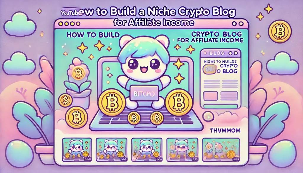 DALL·E 2025 06 10 14.21.12 A YouTube thumbnail in kawaii style with a pastel color theme for the topic How to Build a Niche Crypto Blog for Affiliate Income. The design includ