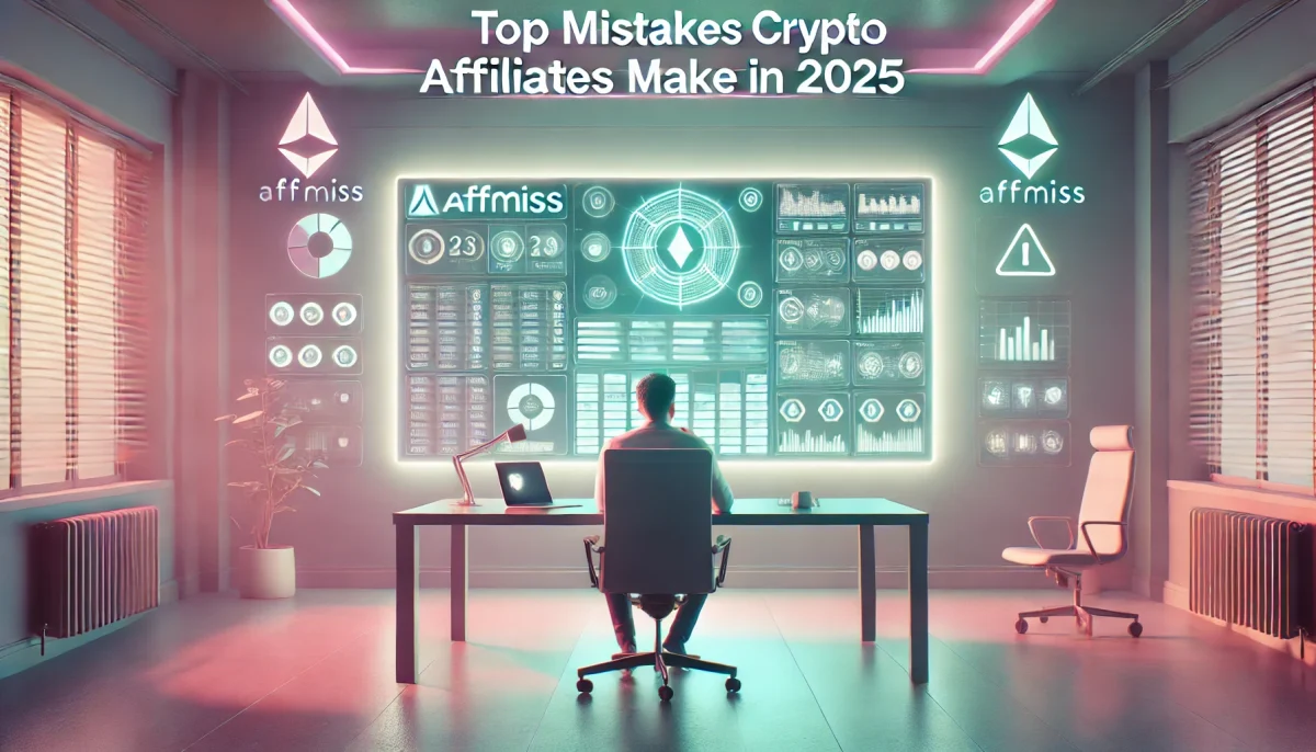 Top Mistakes Crypto Affiliates Make in 2025: Expert Guide to Avoid Common Pitfalls 16 DALL·E 2025 06 11 09.56.21 A realistic cinematic YouTube thumbnail with a minimalist office background softly lit by screens and LED lights in pastel tones. A person sits at a