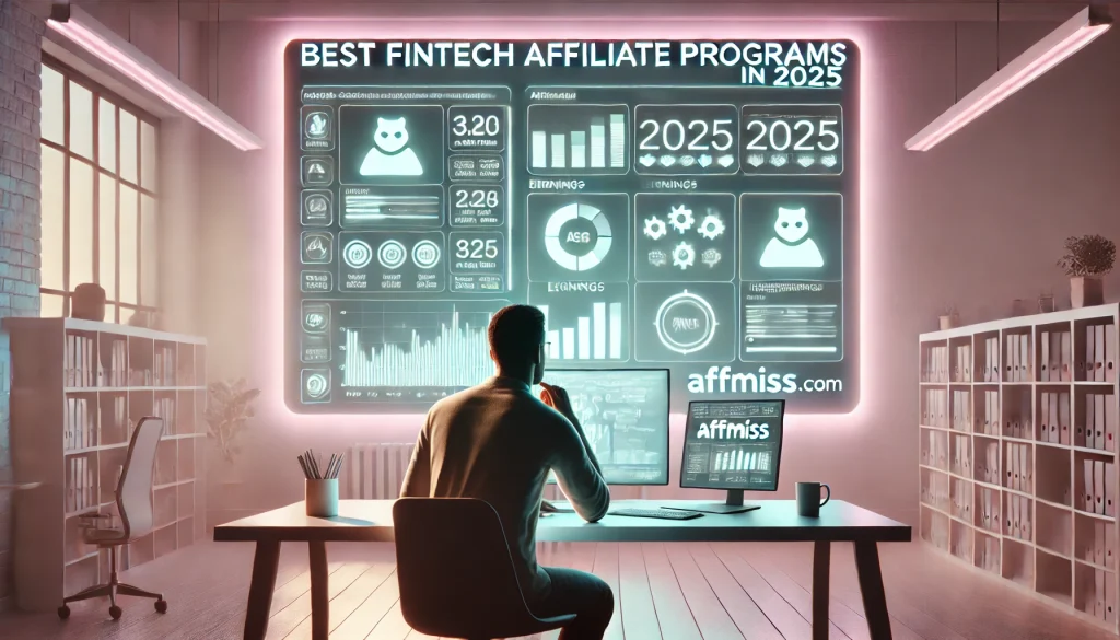DALL·E 2025 06 12 09.14.21 A realistic YouTube thumbnail with a cinematic pastel look for the title Best Fintech Affiliate Programs in 2025. The scene shows a minimalist offic