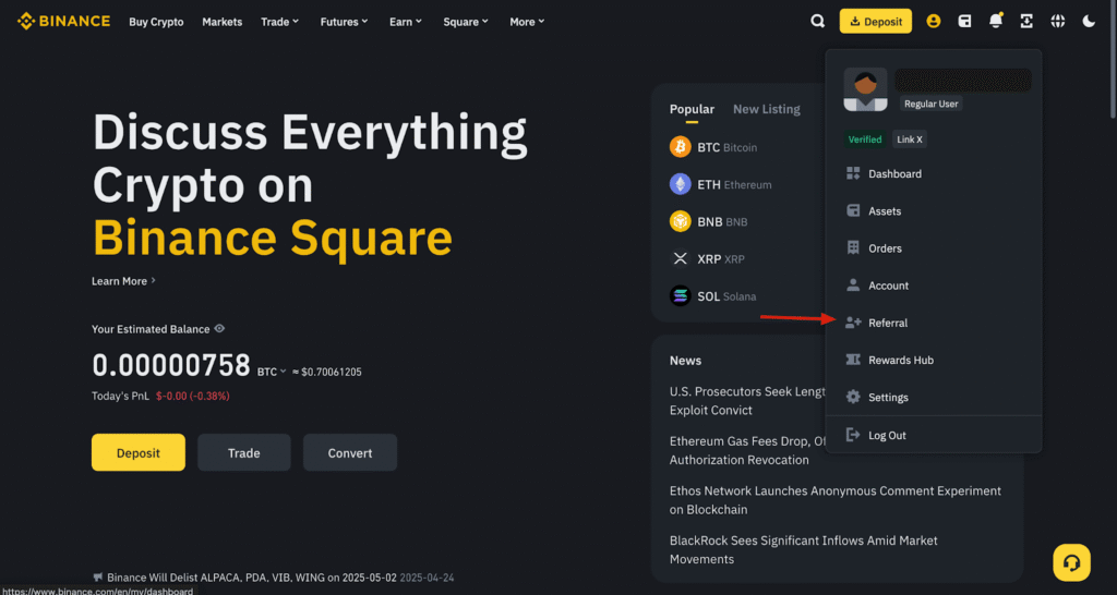 Best Crypto Exchange 2025: The Complete Guide 5 Binance cryptocurrency exchange main interface showing spot trading, futures, staking options, and affiliate program access with user dashboard