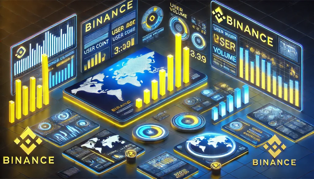 Infographic showing Binance key statistics including user numbers, trading volume, supported countries, and platform metrics
