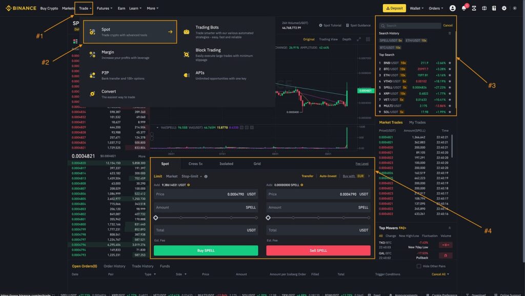 Comprehensive view of Binance trading interface showing advanced charts, order types, portfolio management, and trading tools