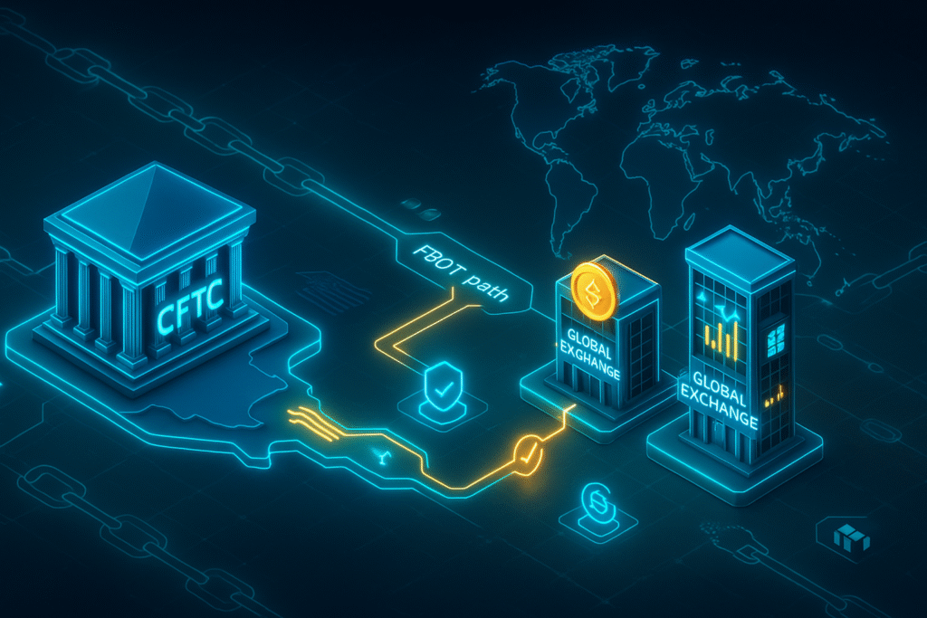 Best Crypto Exchange 2025: The Complete Guide 8 Infographic showing CFTC's new Foreign Board of Trade (FBOT) registration pathway allowing US access to international crypto exchanges like Binance and Bybit
