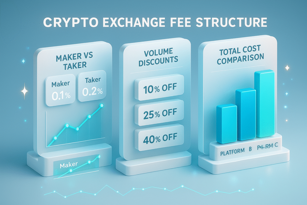 Best Crypto Exchange 2025: The Complete Guide 10 nfographic showing cryptocurrency exchange fee structures, maker vs taker fees, volume discounts, and total cost comparison across platforms