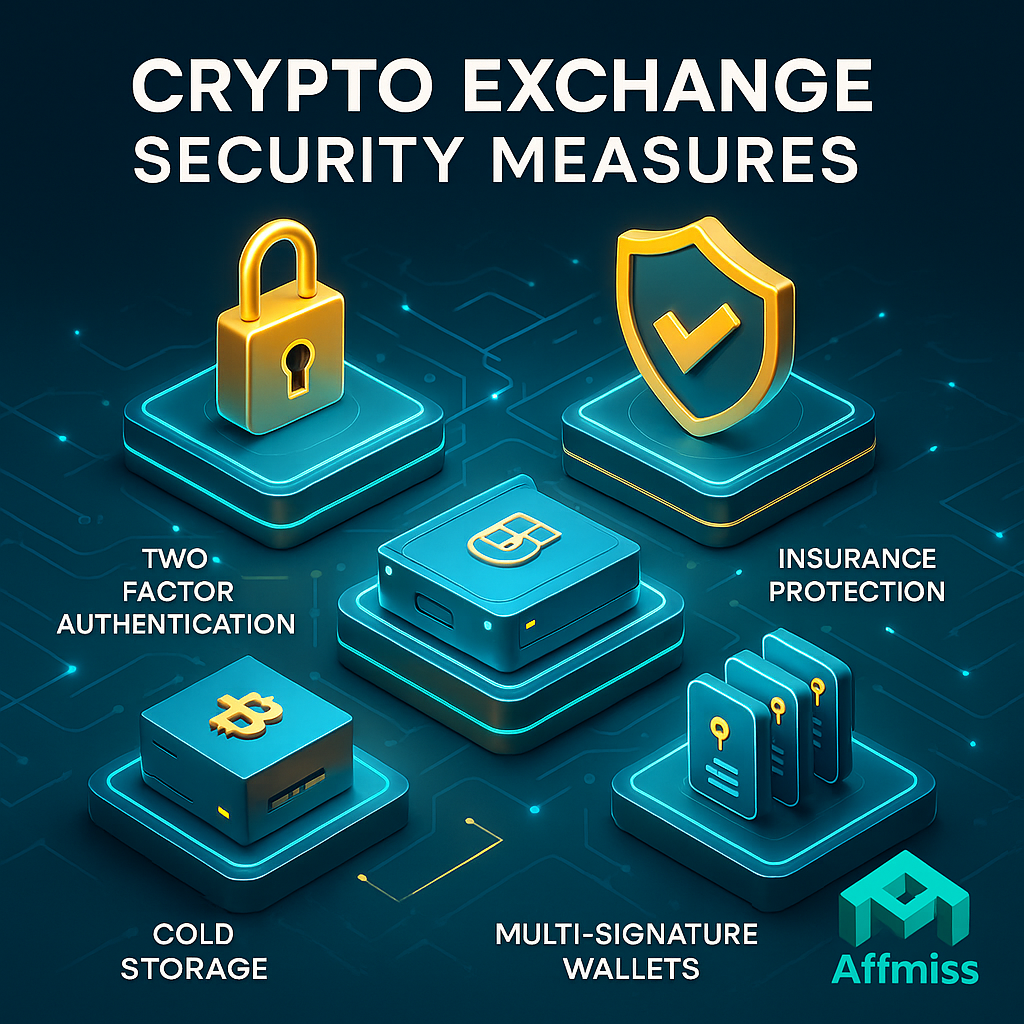Best Crypto Exchange 2025: The Complete Guide 11 Comprehensive diagram showing cryptocurrency exchange security layers including cold storage, multi-signature wallets, two-factor authentication, and insurance protection