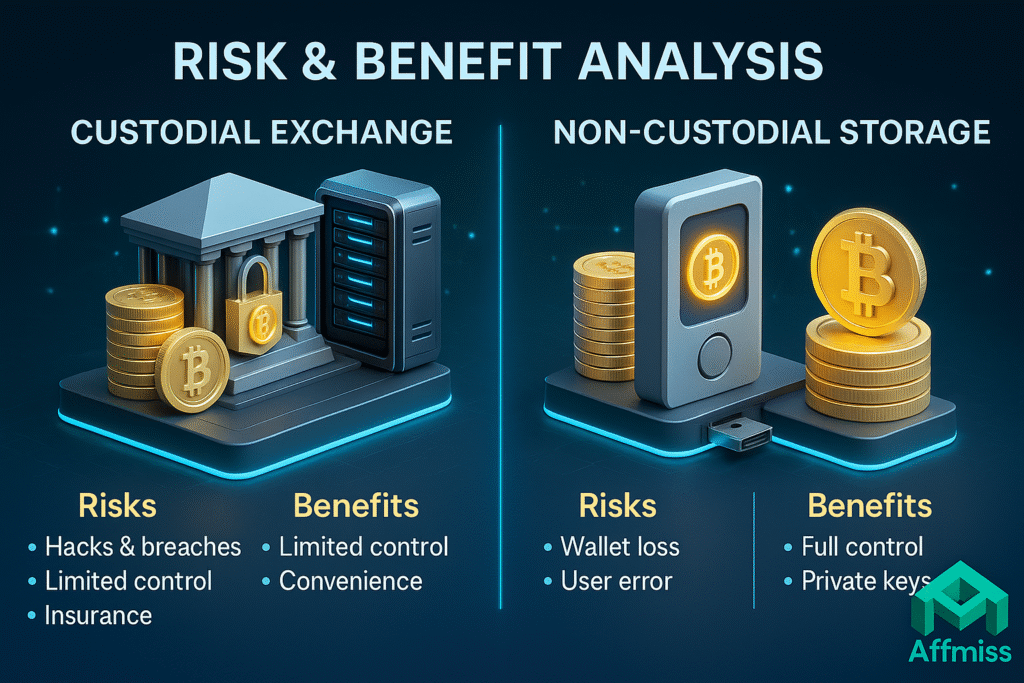 Best Crypto Exchange 2025: The Complete Guide 12 Side-by-side comparison showing custodial exchange storage versus non-custodial hardware wallet storage with risk and benefit analysis