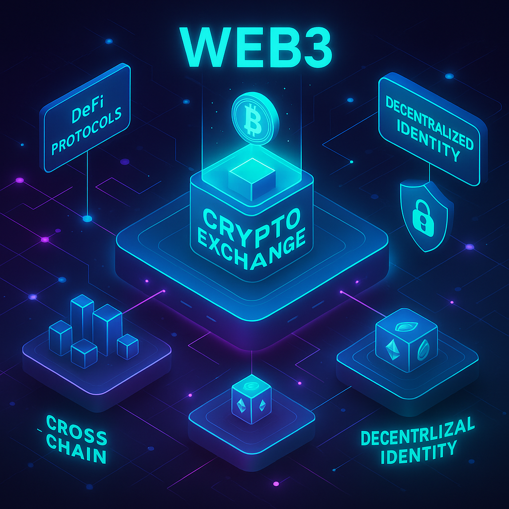 Best Crypto Exchange 2025: The Complete Guide 8 Futuristic visualization showing Web3 crypto exchange integration with cross-chain trading, DeFi protocols, and decentralized identity systems