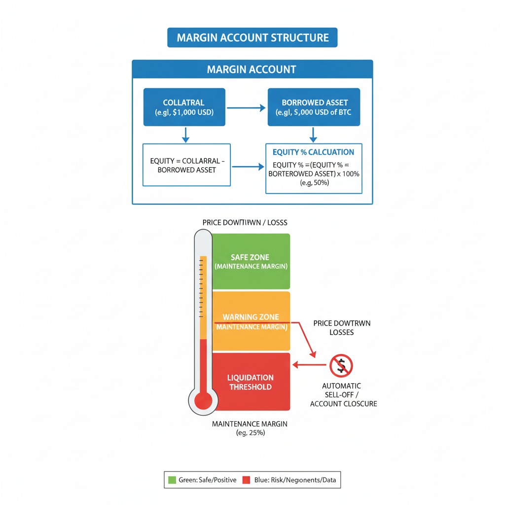 Complete Margin Trading Guide for Beginners 2025 1 Margin account structure — collateral, borrowed asset, equity %, maintenance margin, liquidation threshold.