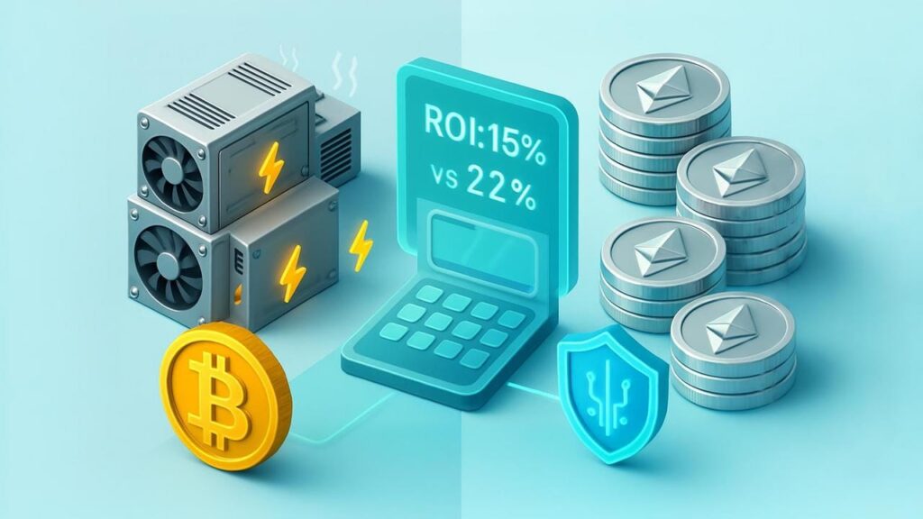 mining vs staking profitability calculator ROI comparison 2025