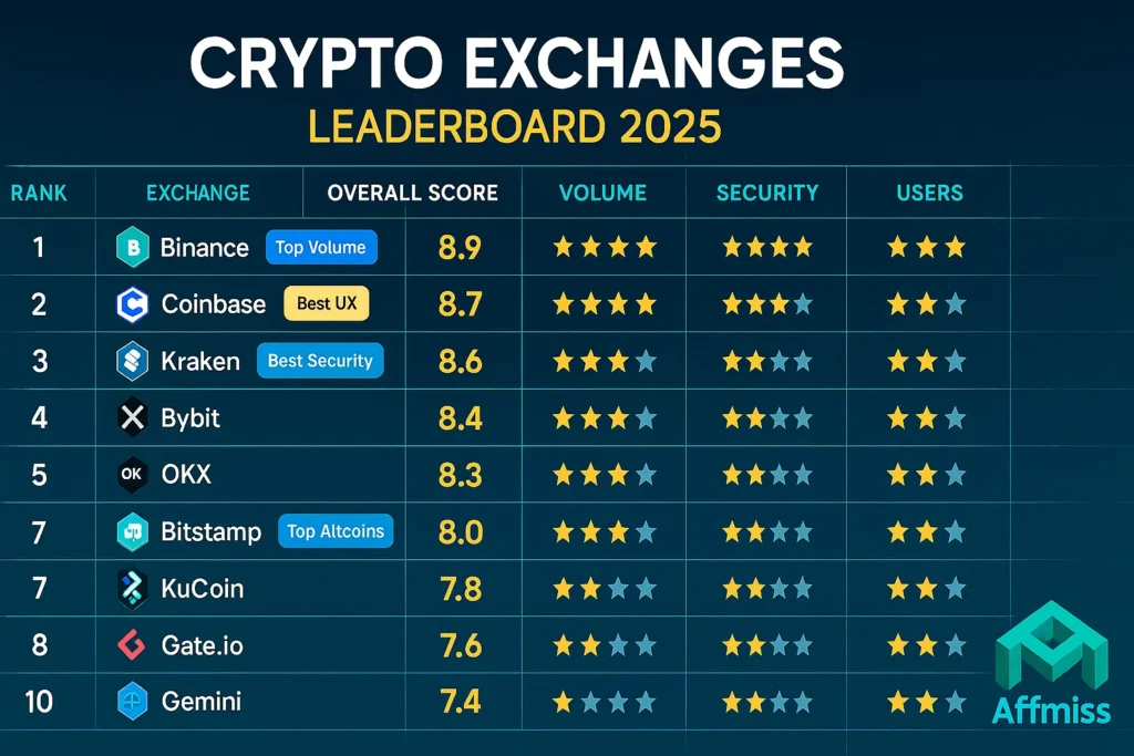 Top Crypto Exchanges 2025: Complete Comparison Guide 2 Visual ranking showing top 10 cryptocurrency exchanges with overall scores, specialty badges, and key metrics for volume, security, and user satisfaction