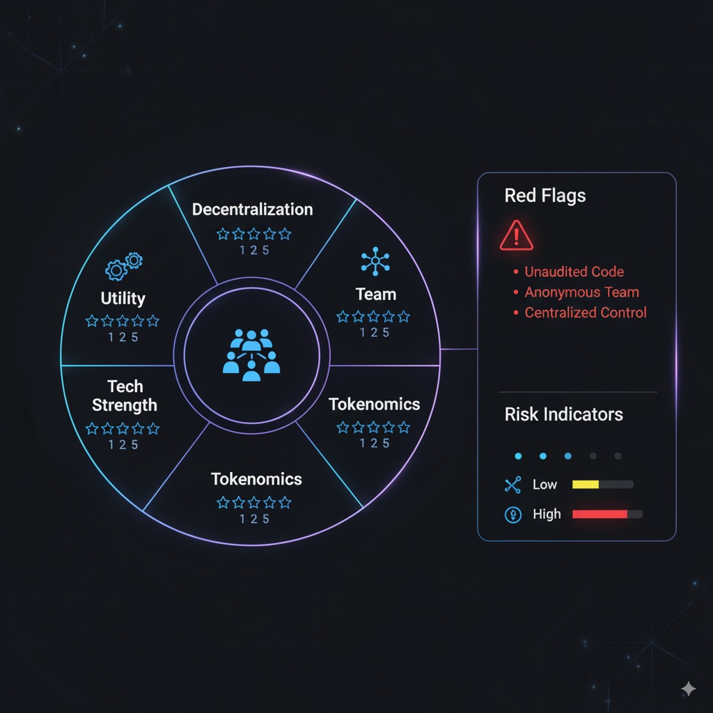 Comprehensive visual guide showing the 6 key evaluation criteria for AI token projects with scoring matrices, red flags indicators, and due diligence checklists