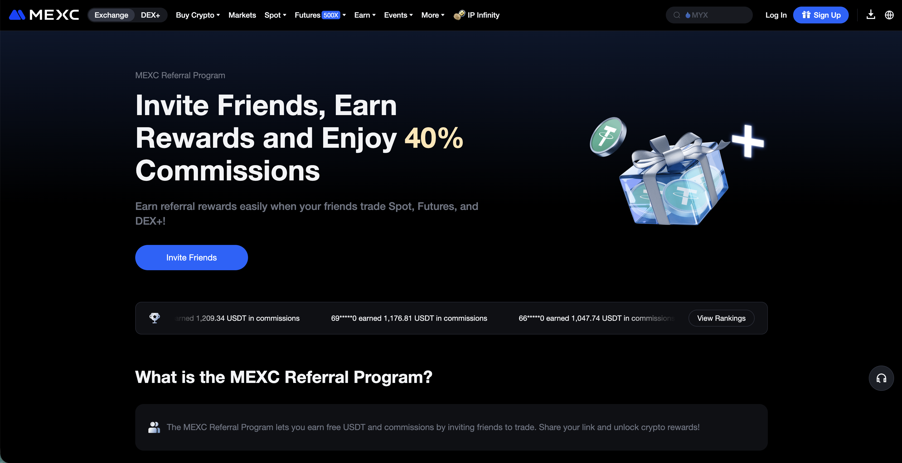 MEXC affiliate program dashboard showing 70% commission rates and lifetime rewards