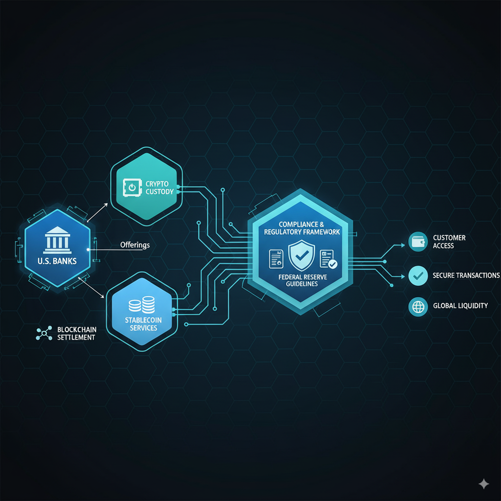Fed Crypto: Unpacking the Federal Reserve's Evolving Stance on Digital Assets 2 Banking integrated flowchart on crypto services, custody, stablecoins under new regulatory framework