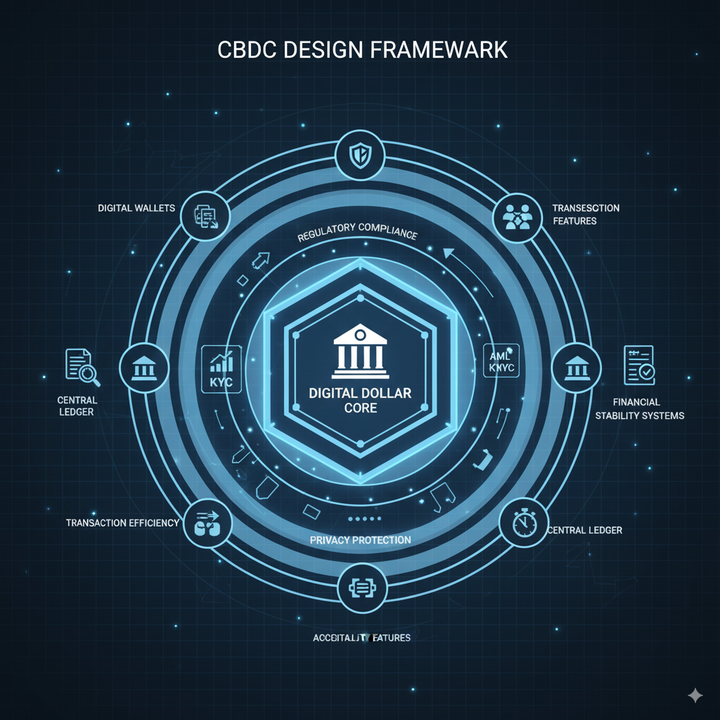 Fed Crypto: Unpacking the Federal Reserve's Evolving Stance on Digital Assets 3 CBDC design framework visualization with privacy, compliance, stability, accessibility components