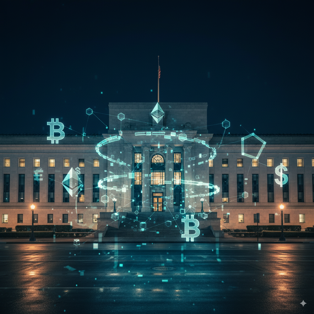 Fed Crypto: Unpacking the Federal Reserve's Evolving Stance on Digital Assets 26 Federal Reserve building with digital currency symbols and blockchain networks overlay