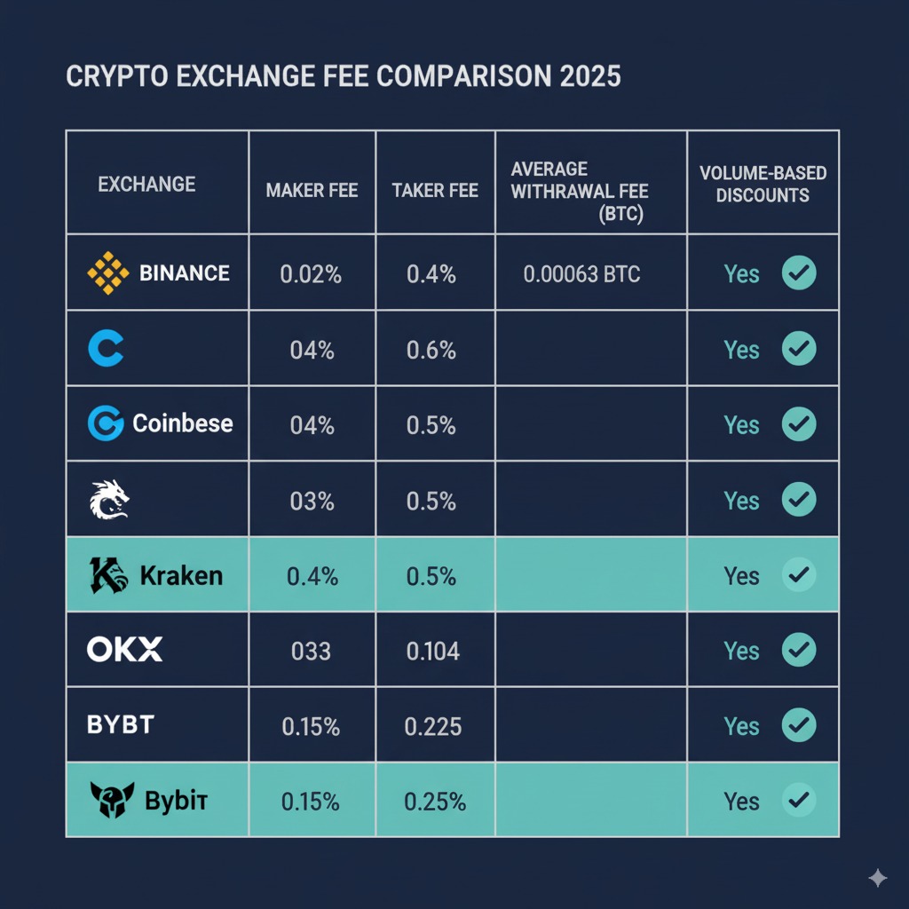 Crypto Exchange Fees Guide 2025: Compare Trading Costs & Save Money 1 Cryptocurrency exchange trading fees comparison table showing maker-taker rates for Binance, Coinbase, Kraken and OKX
