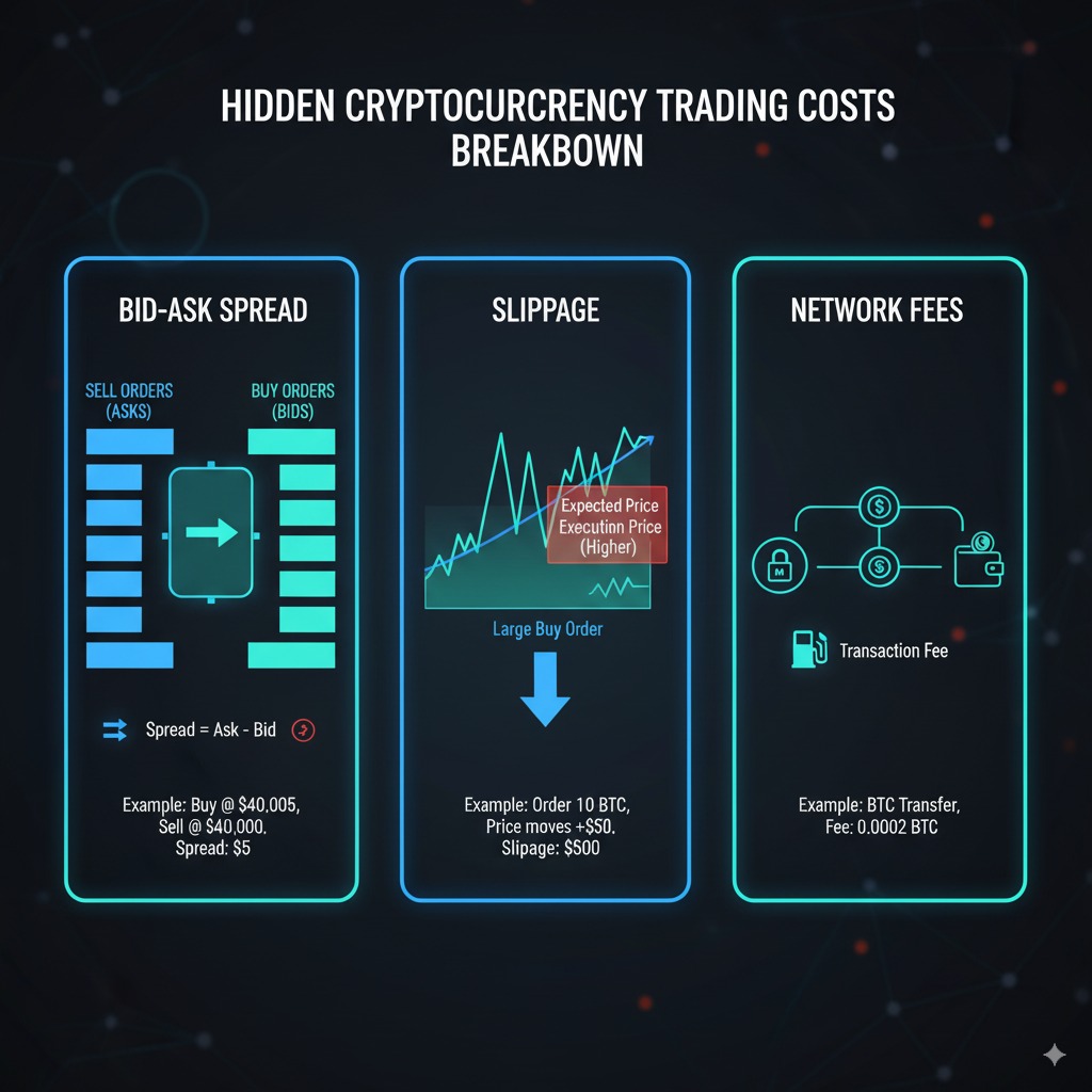 Crypto Exchange Fees Guide 2025: Compare Trading Costs & Save Money 3 Hidden cryptocurrency trading costs breakdown chart showing spread, slippage and network fee components