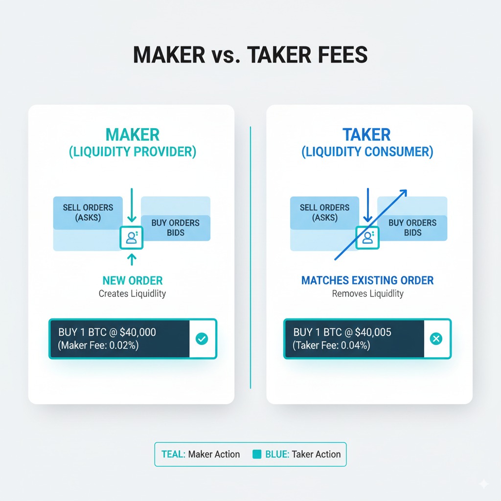 Crypto Exchange Fees Guide 2025: Compare Trading Costs & Save Money 2 Maker vs taker trading fees infographic showing order book liquidity provision and consumption examples