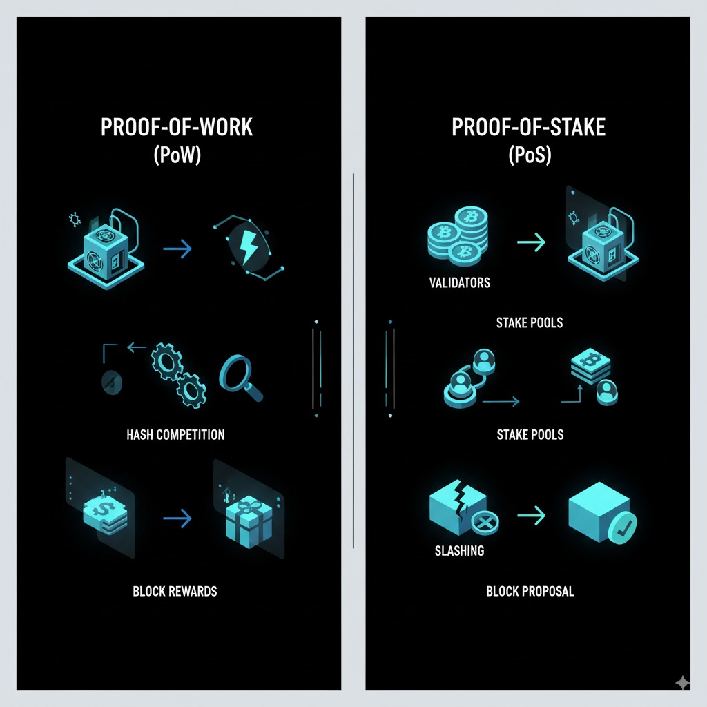 Crypto Staking Guide 2025: Earn Up to 20% APY Passive Income 1 Proof-of-stake vs proof-of-work infographic explaining energy efficiency and consensus mechanisms