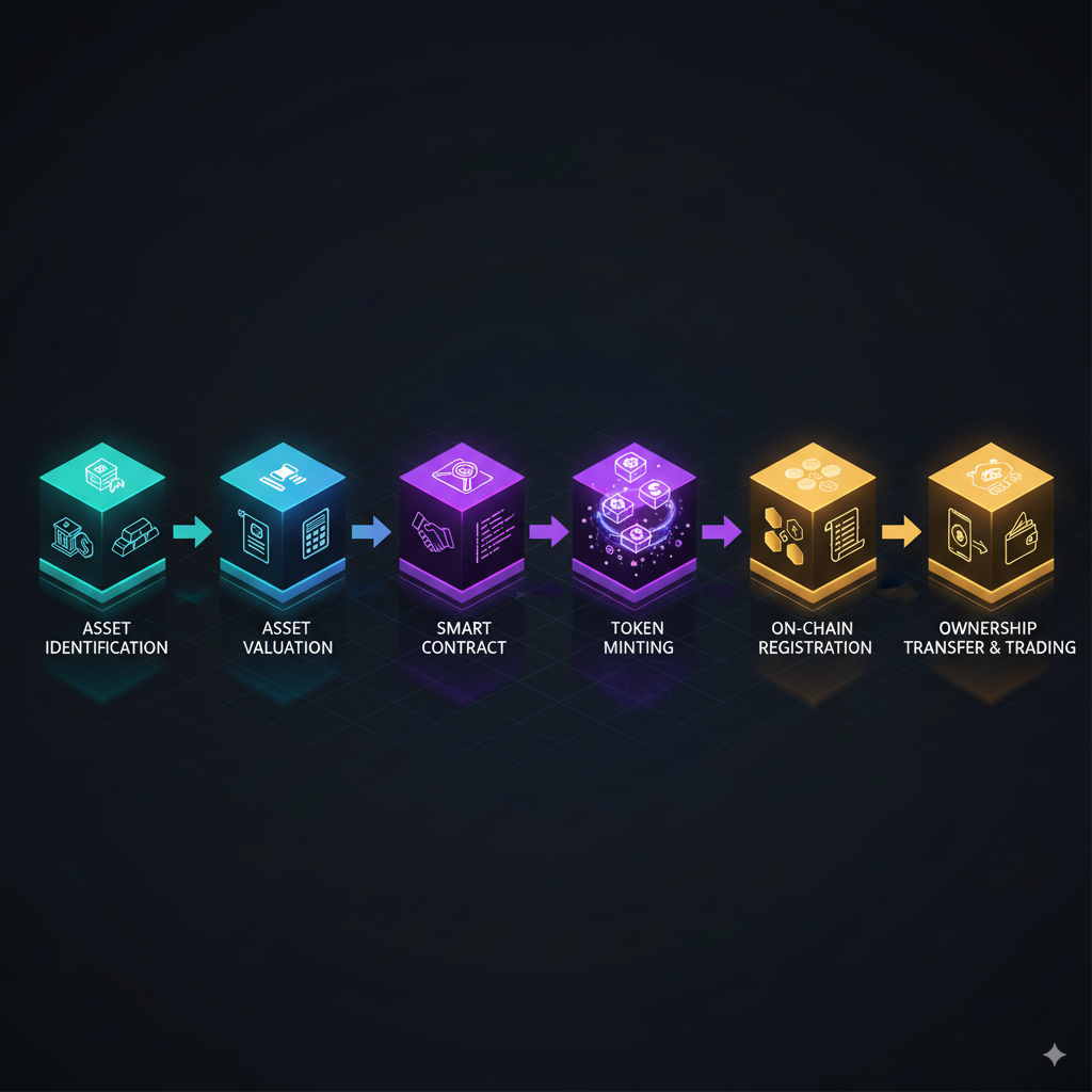 Bridging Worlds: How RWA Tokenization is Revolutionizing Asset Ownership 2 RWA tokenization process flowchart asset identification valuation smart contracts token minting blockchain