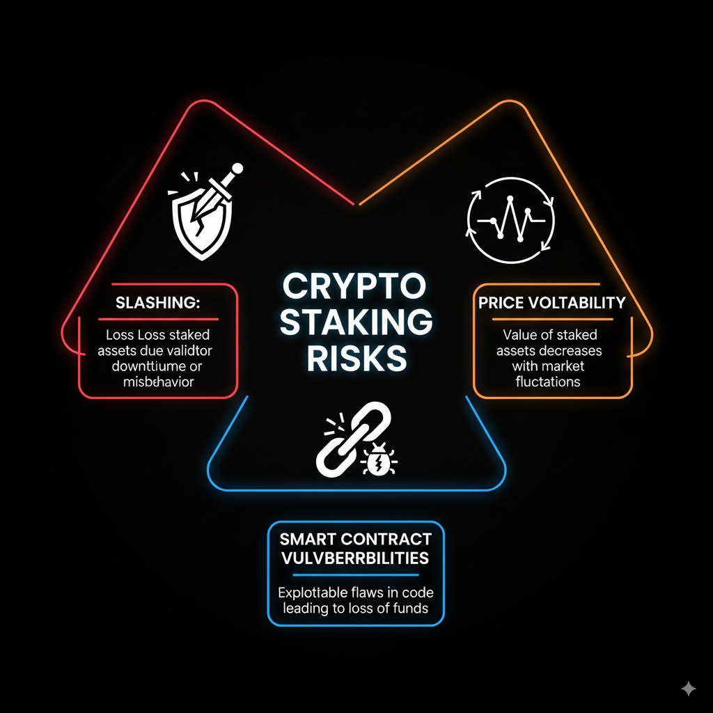 Crypto Staking Guide 2025: Earn Up to 20% APY Passive Income 4 Cryptocurrency staking risks diagram showing slashing, volatility, and smart contract vulnerabilities