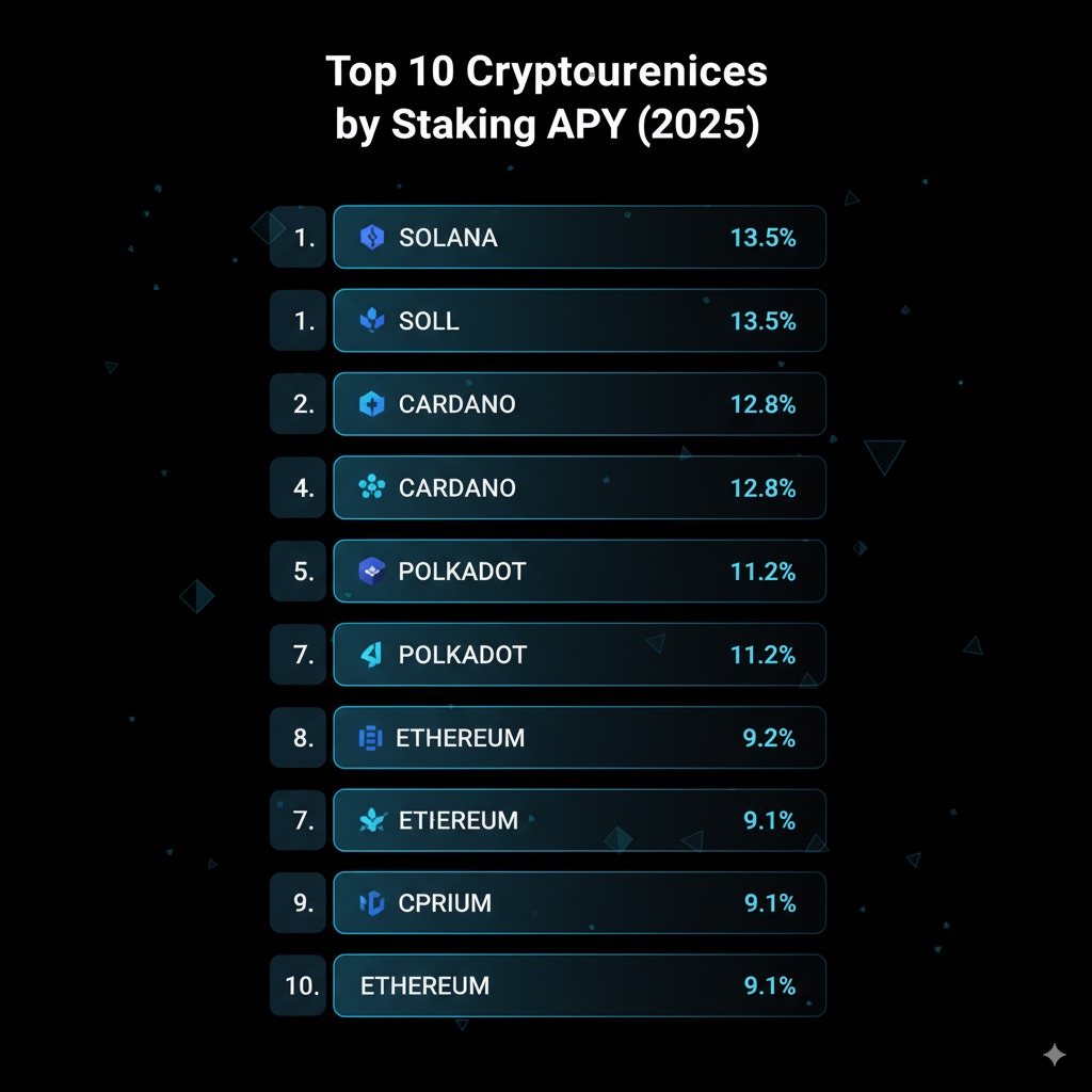 Crypto Staking Guide 2025: Earn Up to 20% APY Passive Income 3 Cryptocurrency staking rewards comparison chart showing APY rates for Ethereum, Cardano, Solana, and Polkadot in 2025