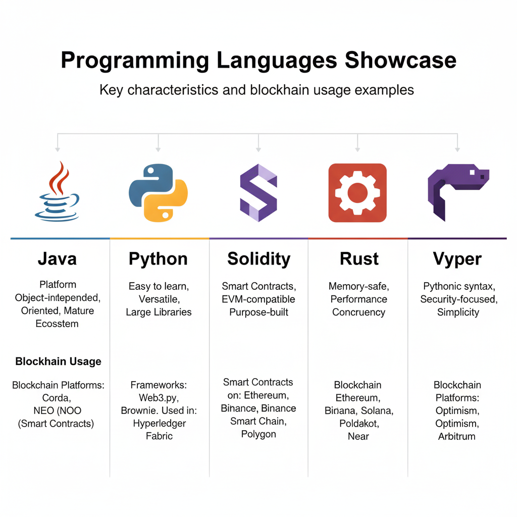 Unlocking the Secrets: How Crypto Code Powers the Blockchain Revolution 3 Visual showcase of Java, Python, Solidity, Rust, Vyper with characteristics