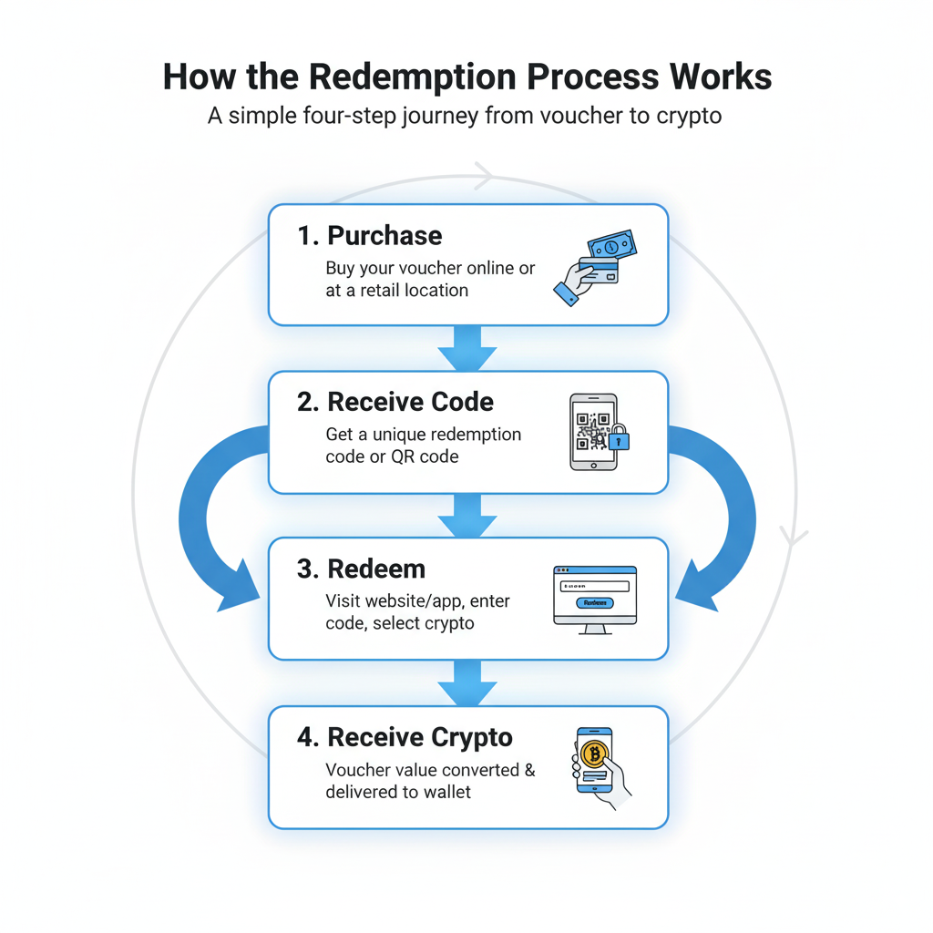 Crypto Vouchers: The Easiest Gateway to Digital Currency for Beginners and Pros 2 Four-step process flow diagram showing voucher purchase → code → redemption → crypto delivery