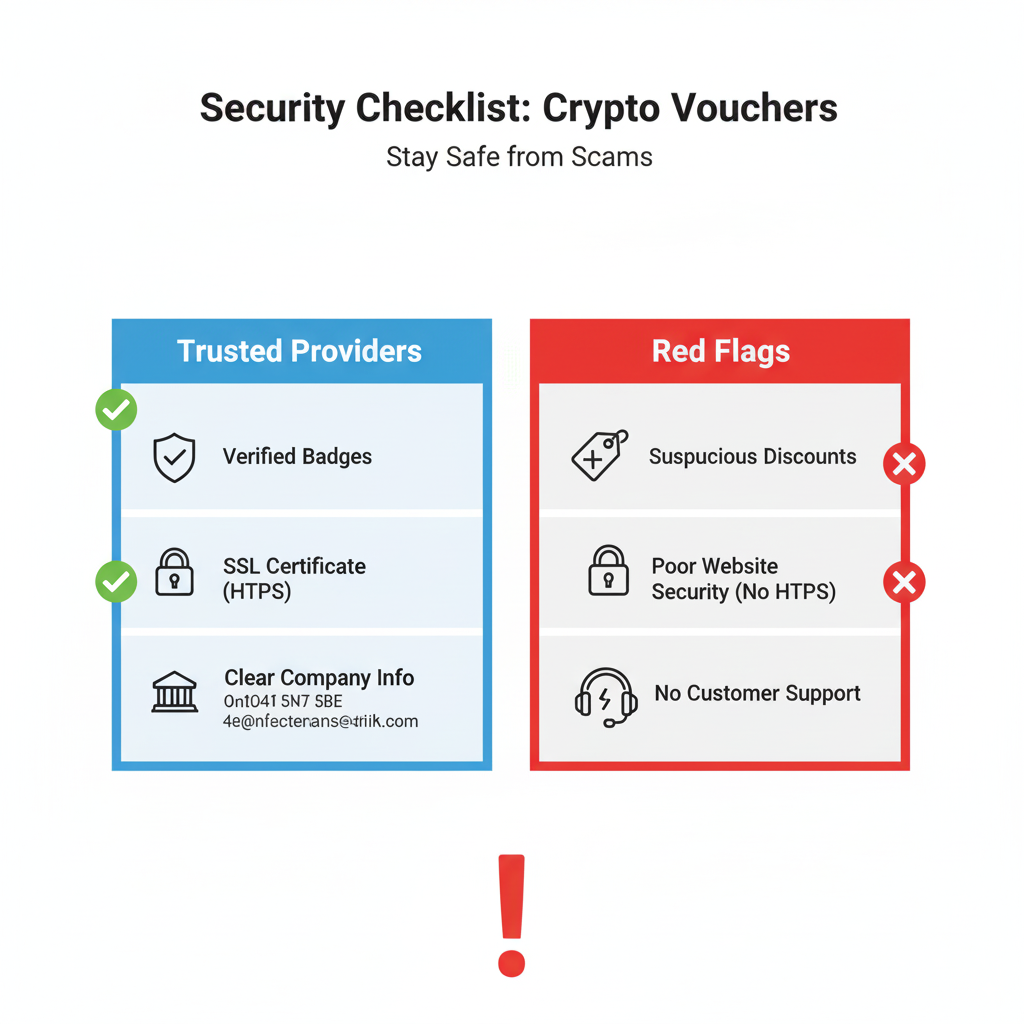 Crypto Vouchers: The Easiest Gateway to Digital Currency for Beginners and Pros 4 Security checklist visual guide showing trusted indicators vs red flags với warning symbols