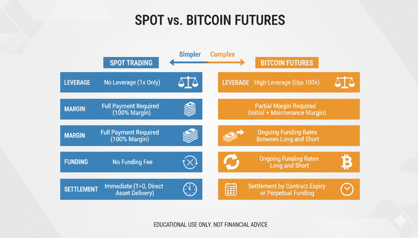 Bitcoin Futures Trading Guide 2025 – Strategies, Risks & Pro Insights 1 Spot vs. Futures — margin, funding, settlement, and use cases.