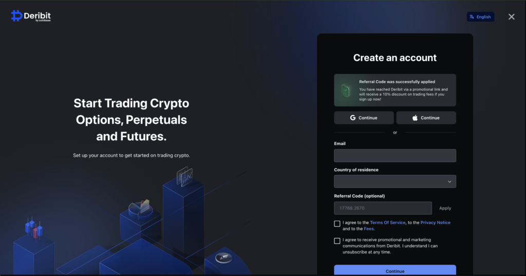 Deribit account registration page showing email and password fields