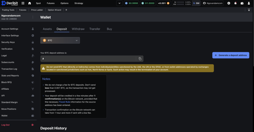 Deribit wallet deposit page showing BTC deposit address and QR code