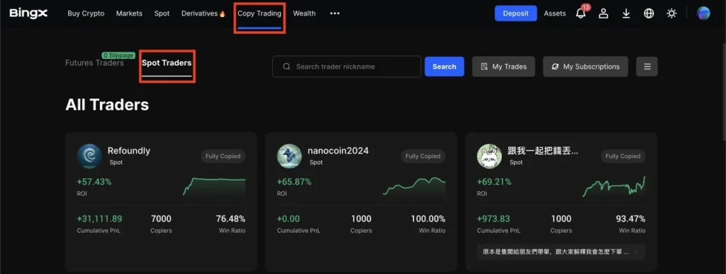 BingX Exchange Review — copy trading dashboard with elite trader selection and performance metrics