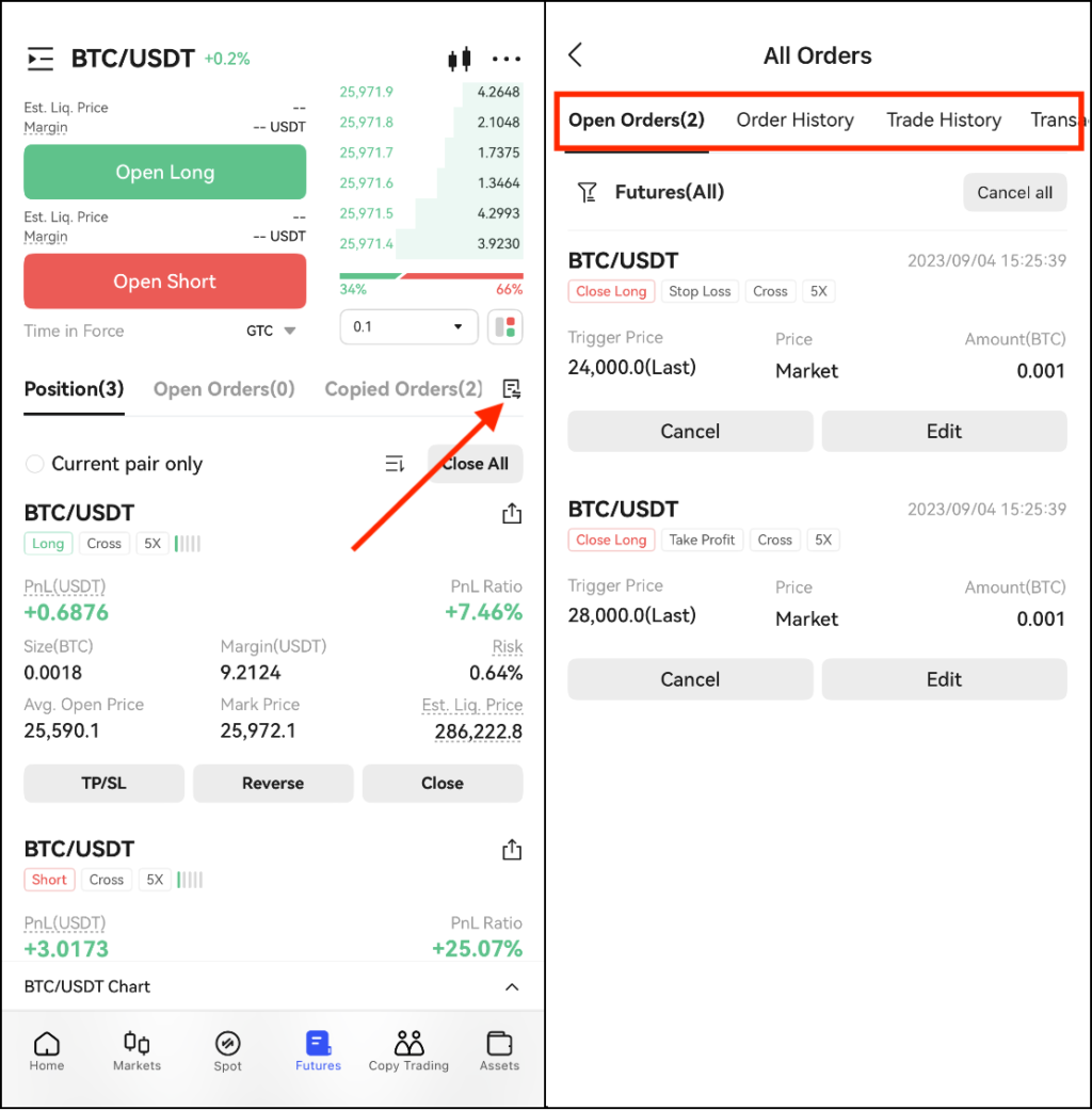 BingX mobile app interface showing BTC/USDT futures trading with leverage selection