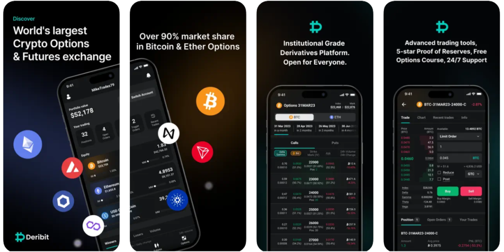Deribit mobile app interface for iOS showing BTC options chain
