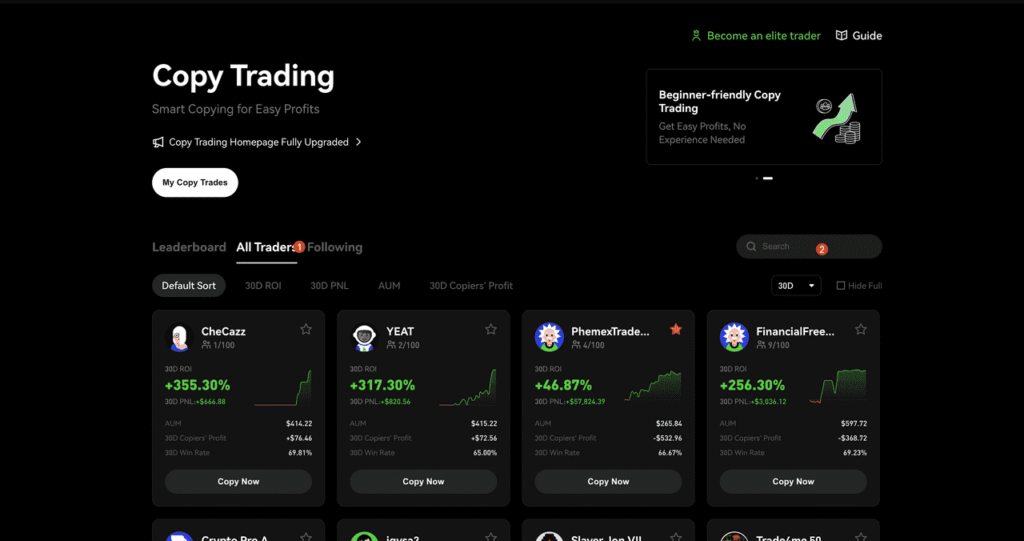 Phemex Exchange Review — copy trading dashboard showing lead trader performance metrics