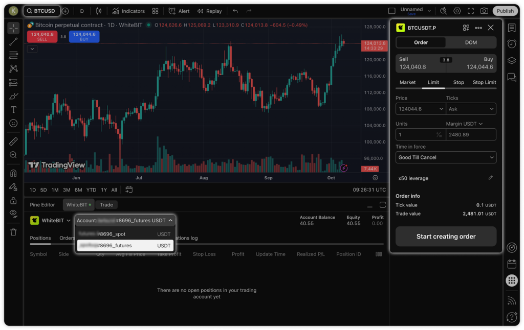 WhiteBIT Exchange Review — futures trading terminal with 20x BTC/USDT position