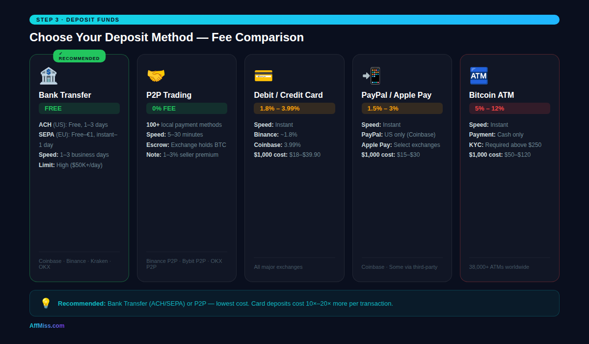 Binance deposit methods to buy Bitcoin — bank transfer, card, P2P, Apple Pay with fee comparison