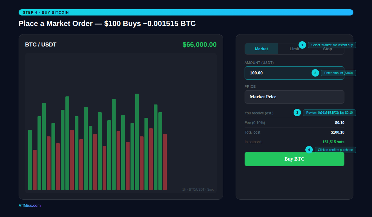 How to place a market order to buy Bitcoin on Binance — BTC/USDT spot trade with $100