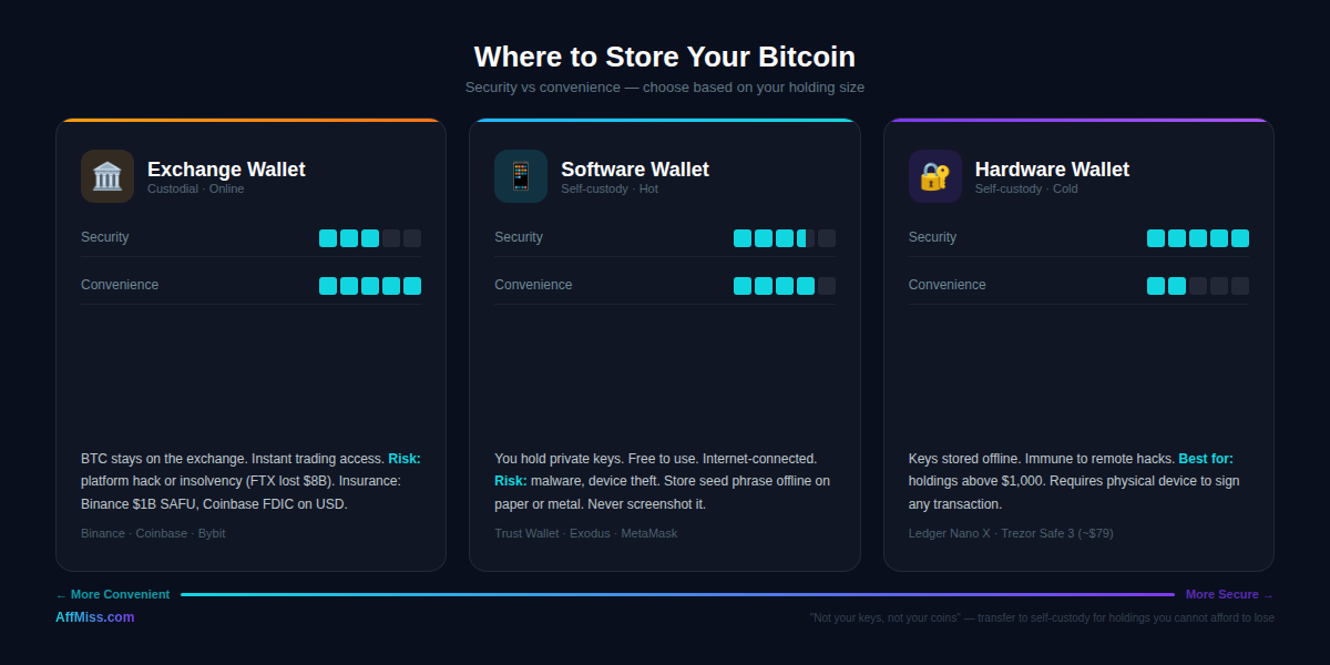 Bitcoin storage options compared — exchange wallet vs software wallet vs hardware wallet security and convenience