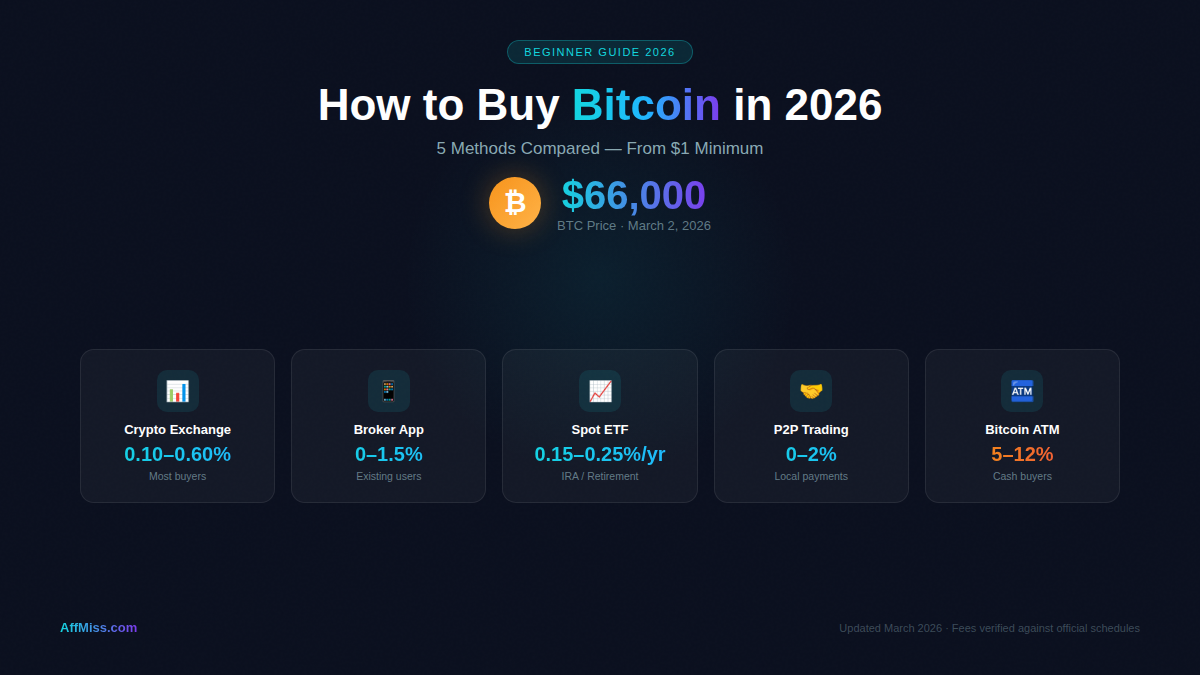 How to buy Bitcoin in 2026 — 5 methods compared with fee ranges from 0% to 12%